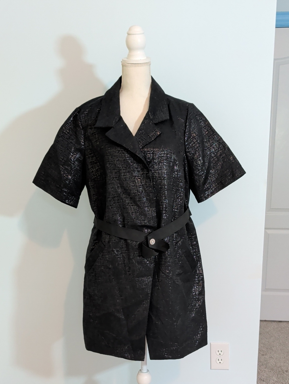 Simply Vera Vera Wang Black Metallic Textured Short Sleeve Trench Jacket NWOT
